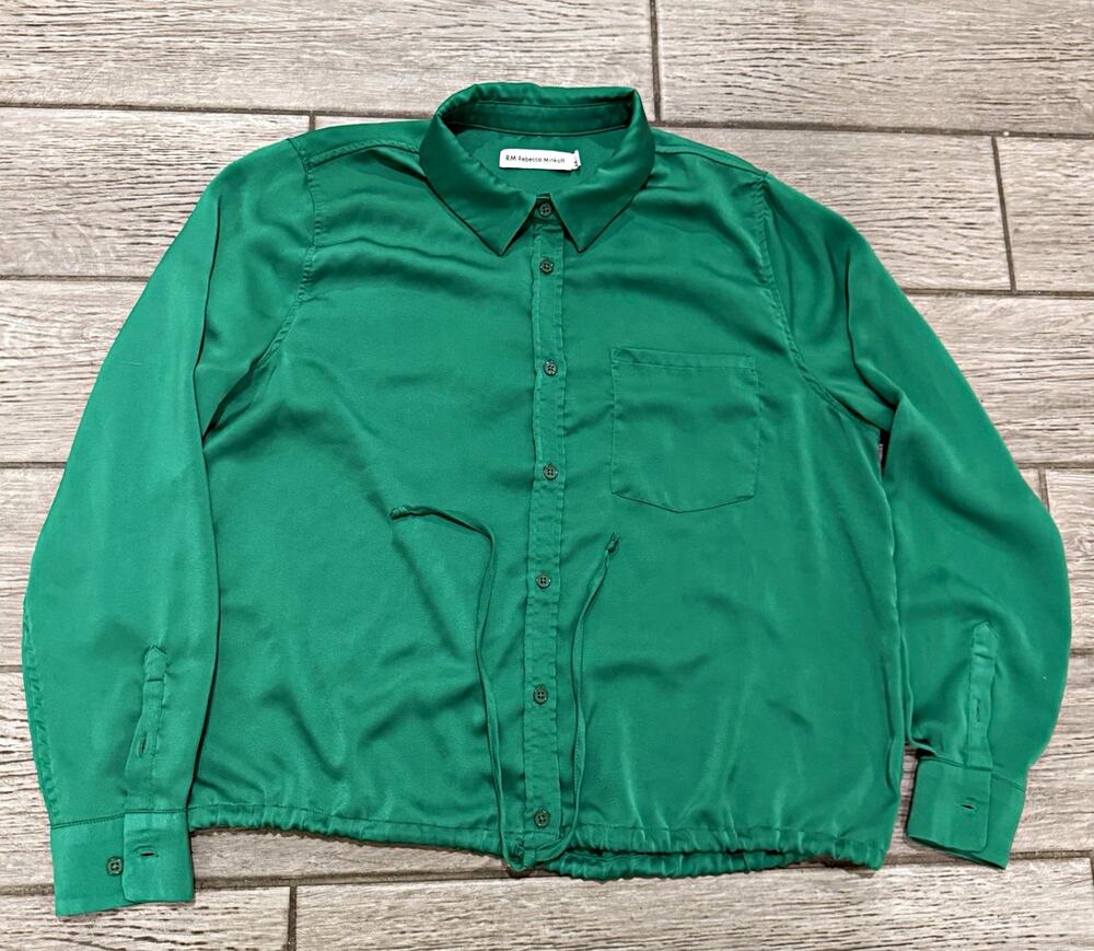 RM Rebecca Minkoff Green Satin Collared Button Front Long Sleeve Blouse Size L